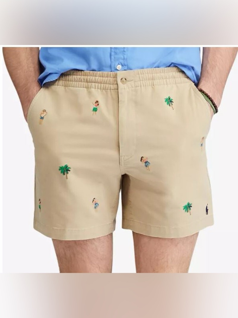 Polo by Ralph Lauren Tan Shorts with Embroidered Hula & Palm Motifs